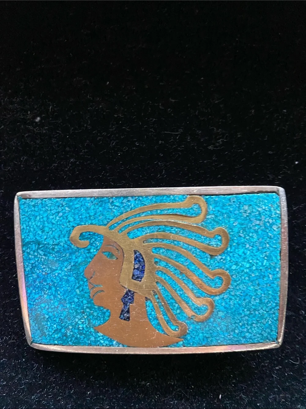 Silver Turquoise Inlay Native Profile Silver Belt buckle